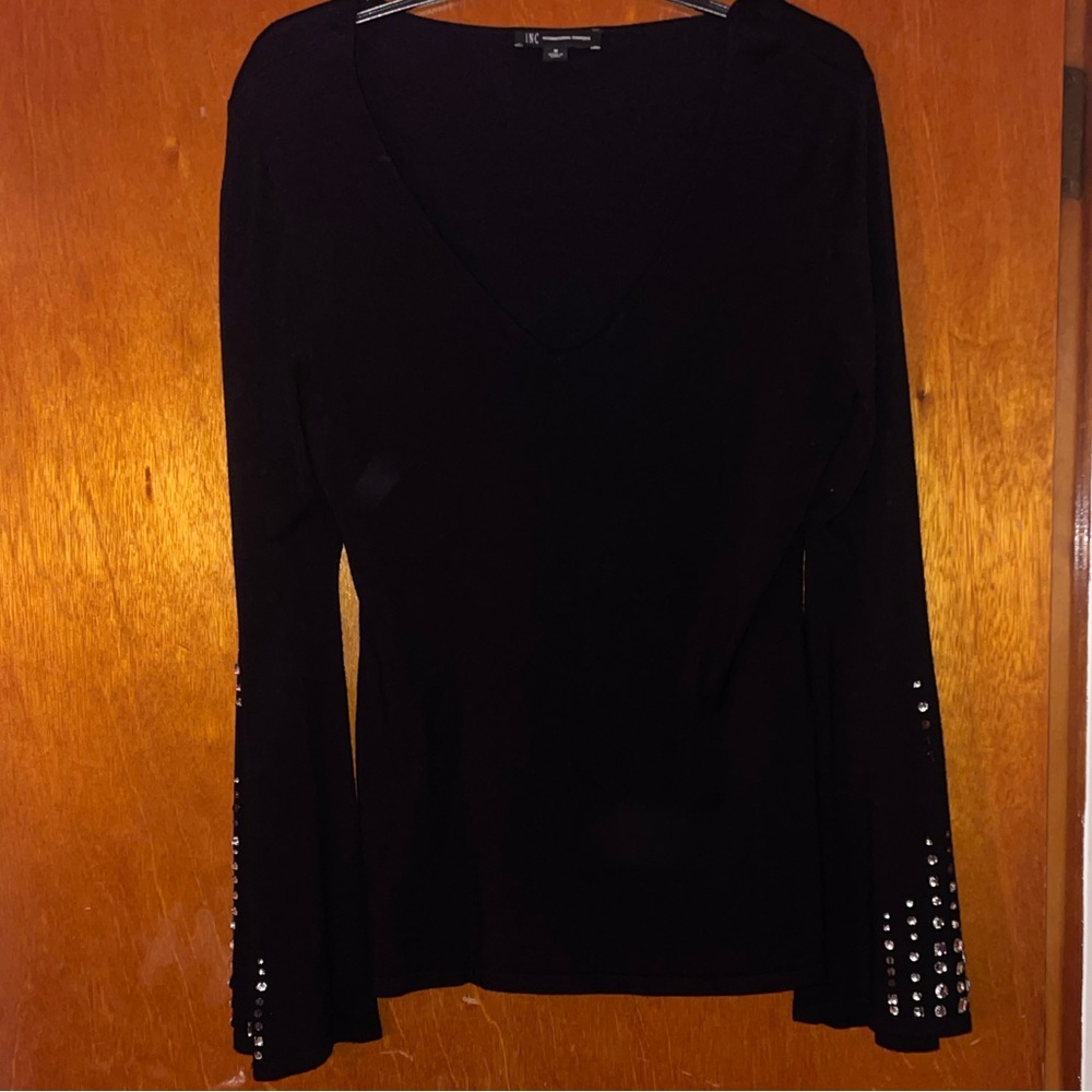 INC International Concepts Black Long Sleeve Top with Embellished Sleeves